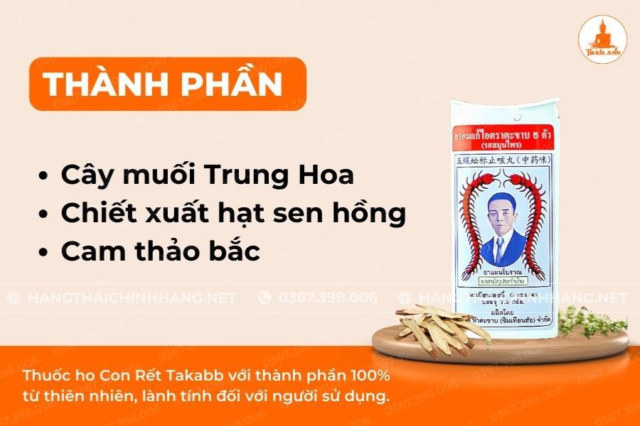 Thành phần của thuốc ngậm ho con rết Takabb Thái Lan